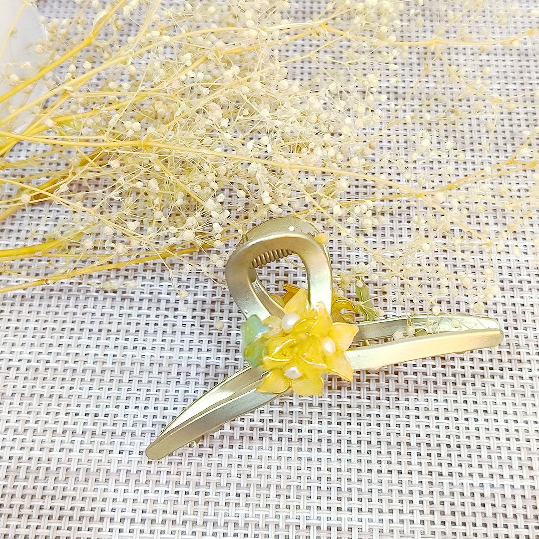 好质感双面姜黄绣球花金属鲨鱼夹 时尚宝石胶树脂发夹 - 发饰 - 其他金属 黄色