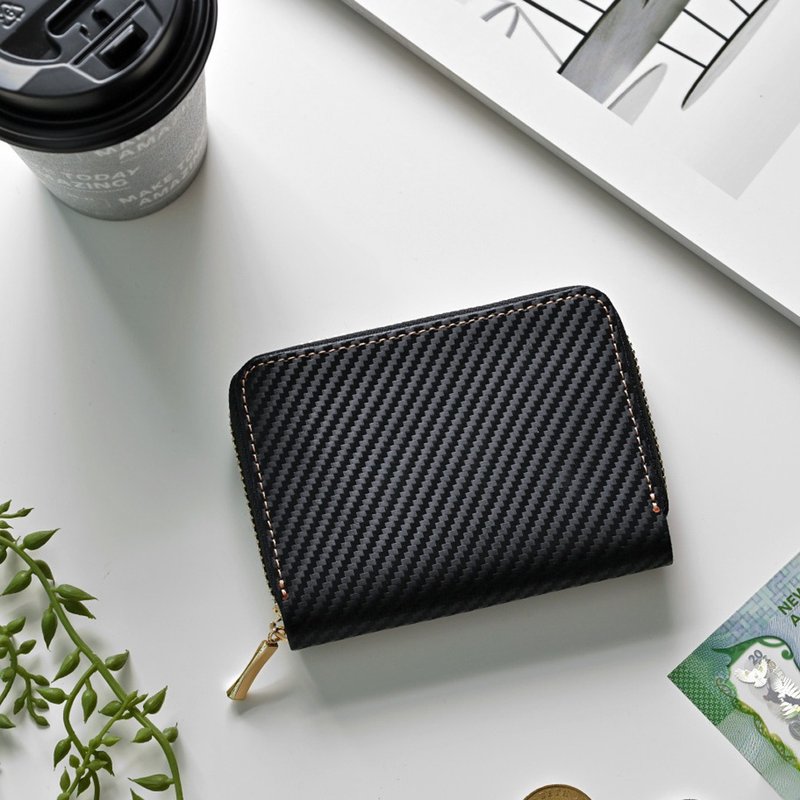 轻巧钱包【 意大利 碳纤维皮革 】真皮 皮夹 迷你皮夹 零钱包 零钱袋 卡片夹 男士 礼物 DH06M - 皮夹/钱包 - 真皮 黑色