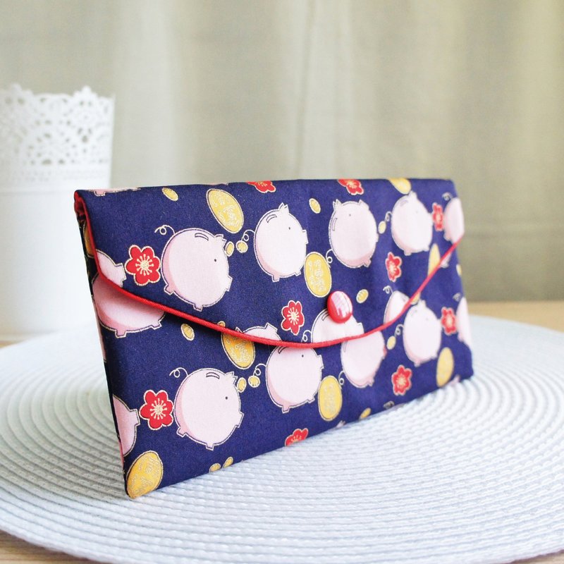 Lovely烫金【存钱扑满猪红包袋】存折套、现金收纳袋、深蓝E - 红包/春联 - 棉．麻 蓝色