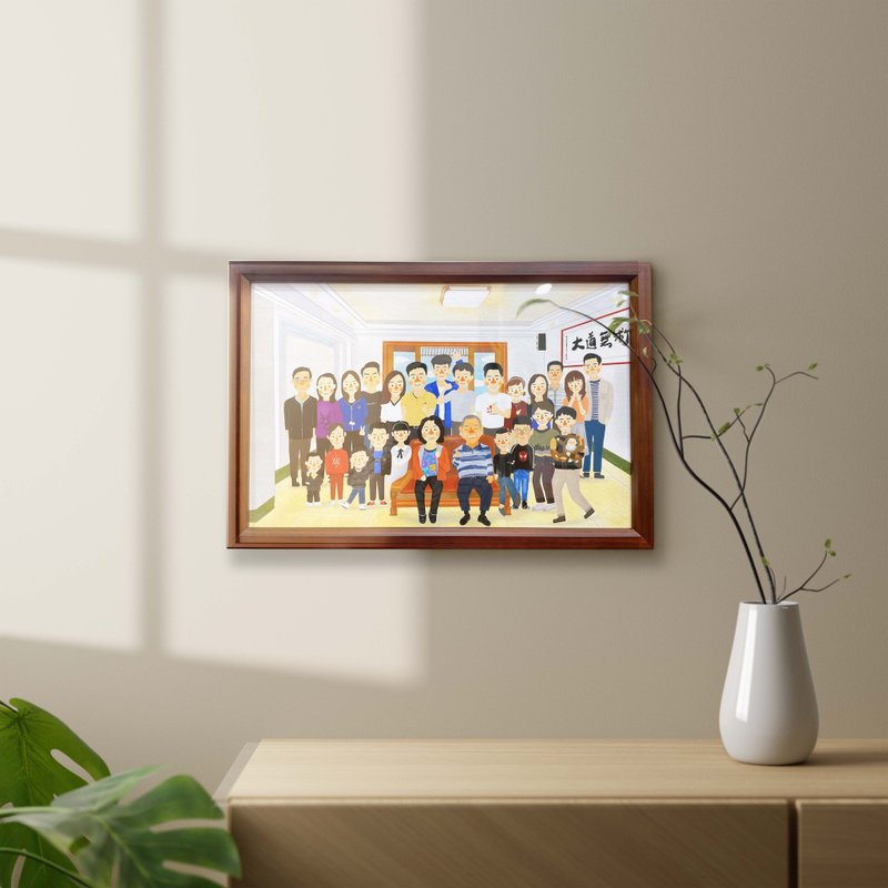 蔓步 | 20-30人全家福插画+艺术微喷(含精致表框) - 卡片/明信片 - 纸 红色