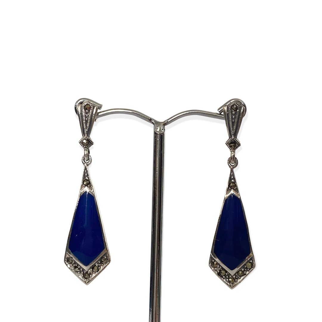 Art Deco Style Triangle Drop Earrings / Set Lapis Lazuli 925 Sterling Silver - 耳环/耳夹 - 纯银 蓝色