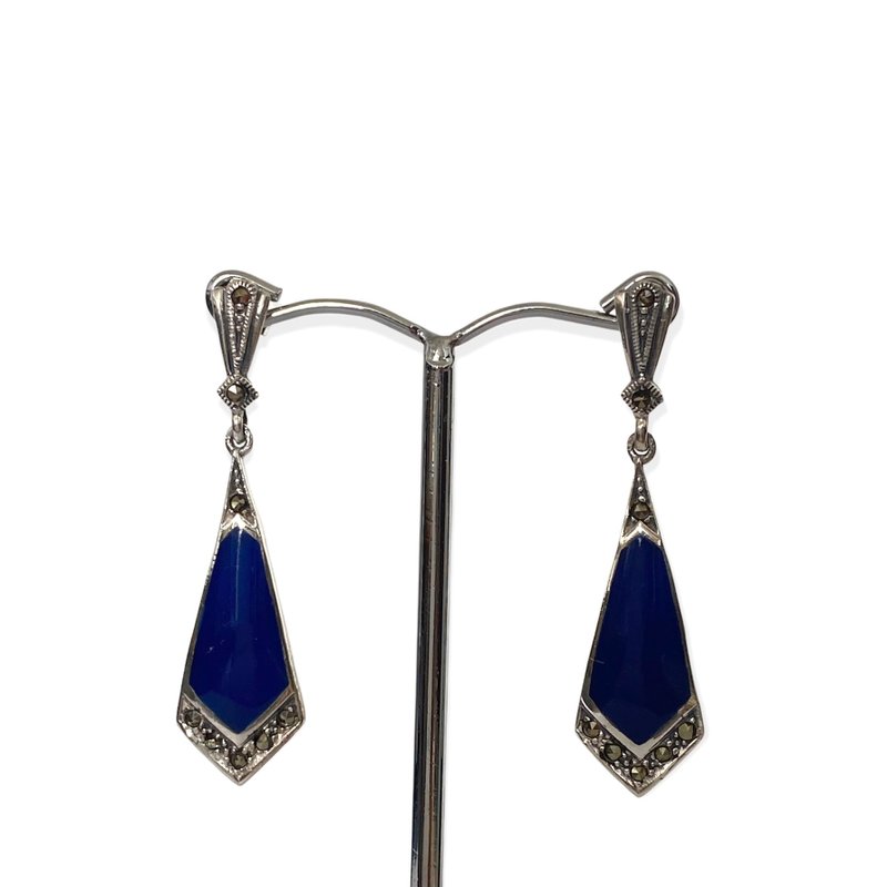 Art Deco Style Triangle Drop Earrings / Set Lapis Lazuli 925 Sterling Silver - 耳环/耳夹 - 纯银 蓝色