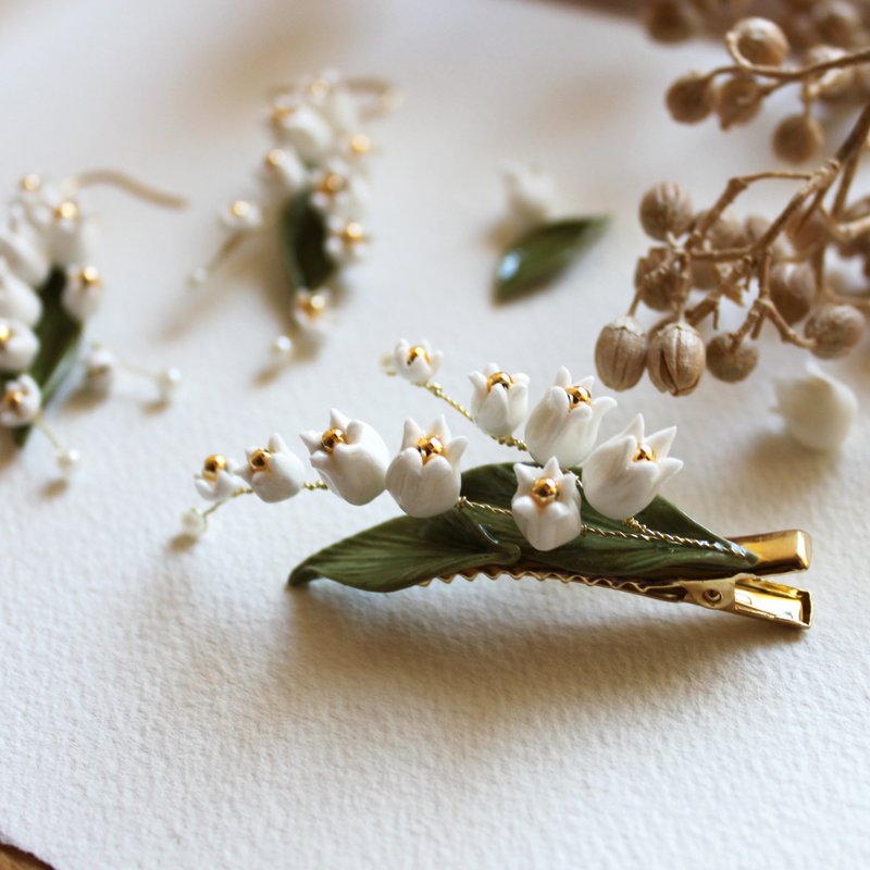 【铃兰】发夹 黏土 植物 铜线 花卉发夹 白色单只 - 发饰 - 粘土 白色