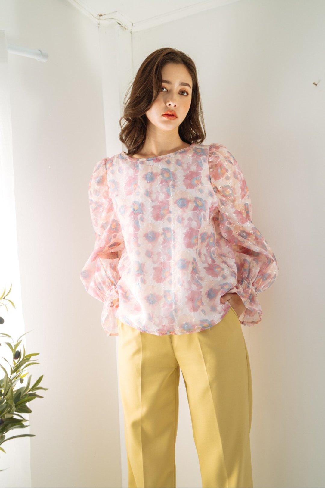 【Off-Season Sales】Puff sleeve blouse (pink floral) - 女装上衣 - 聚酯纤维 粉红色