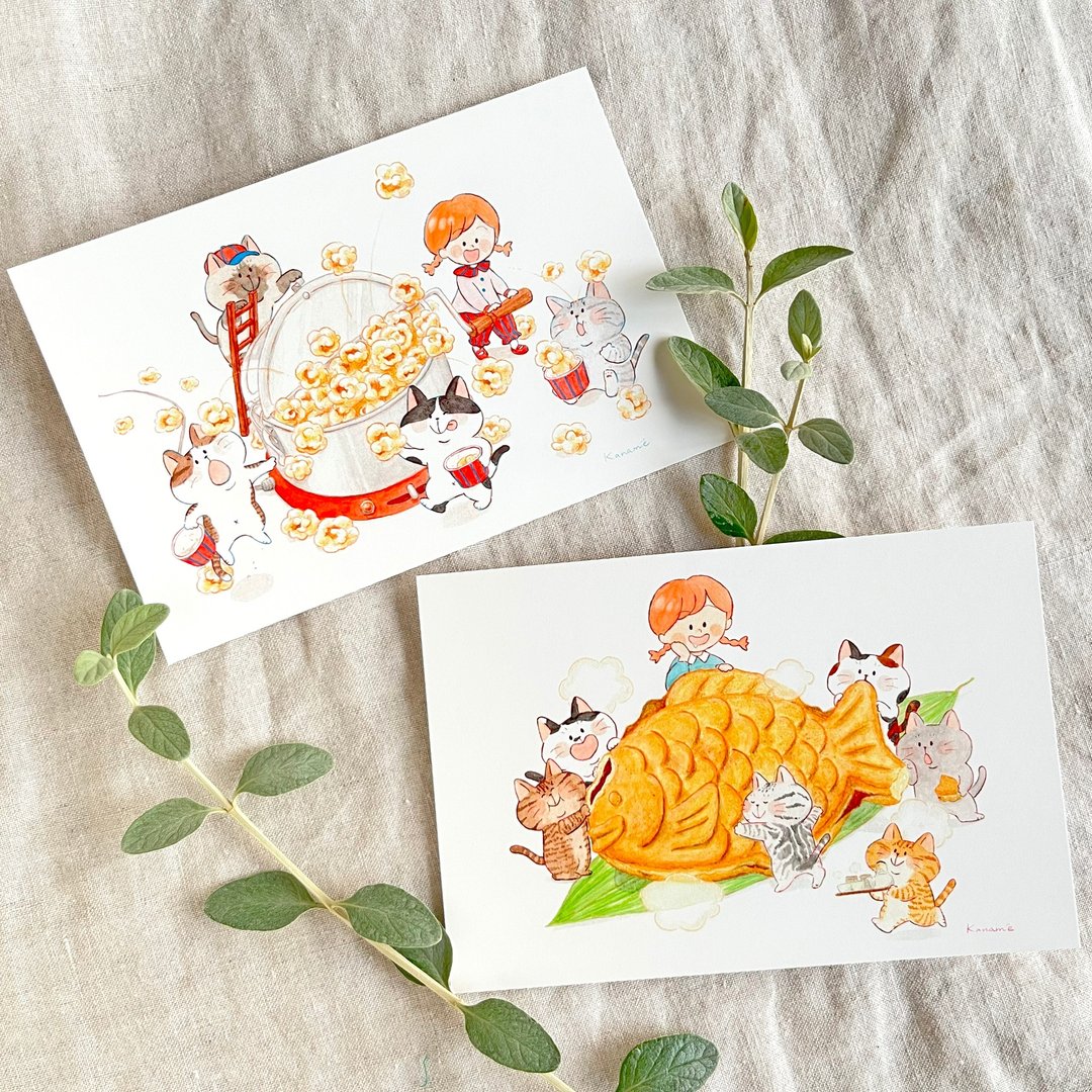 明信片 - 猫咪们聚集的爆米花、鲷鱼烧 - 卡片/明信片 - 纸 多色