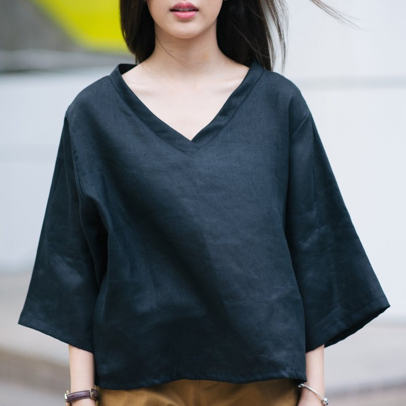 V-Neck Linen Shirt - Black - 女装上衣 - 棉．麻 黑色