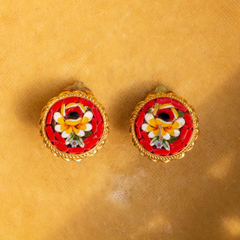 意大利古董 微镶马赛克传统工艺 红底黄花镀金耳夹 - 耳环/耳夹 - 玻璃 红色