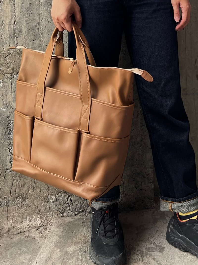 三口托特包 小麦色 掀盖可加大容量 意大利小牛皮肩背包 侧背包 - 手提包/手提袋 - 真皮 卡其色