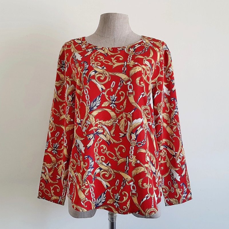 复古黄红巴洛克印花女款长袖衬衫 中 - 女装上衣 - 聚酯纤维 红色