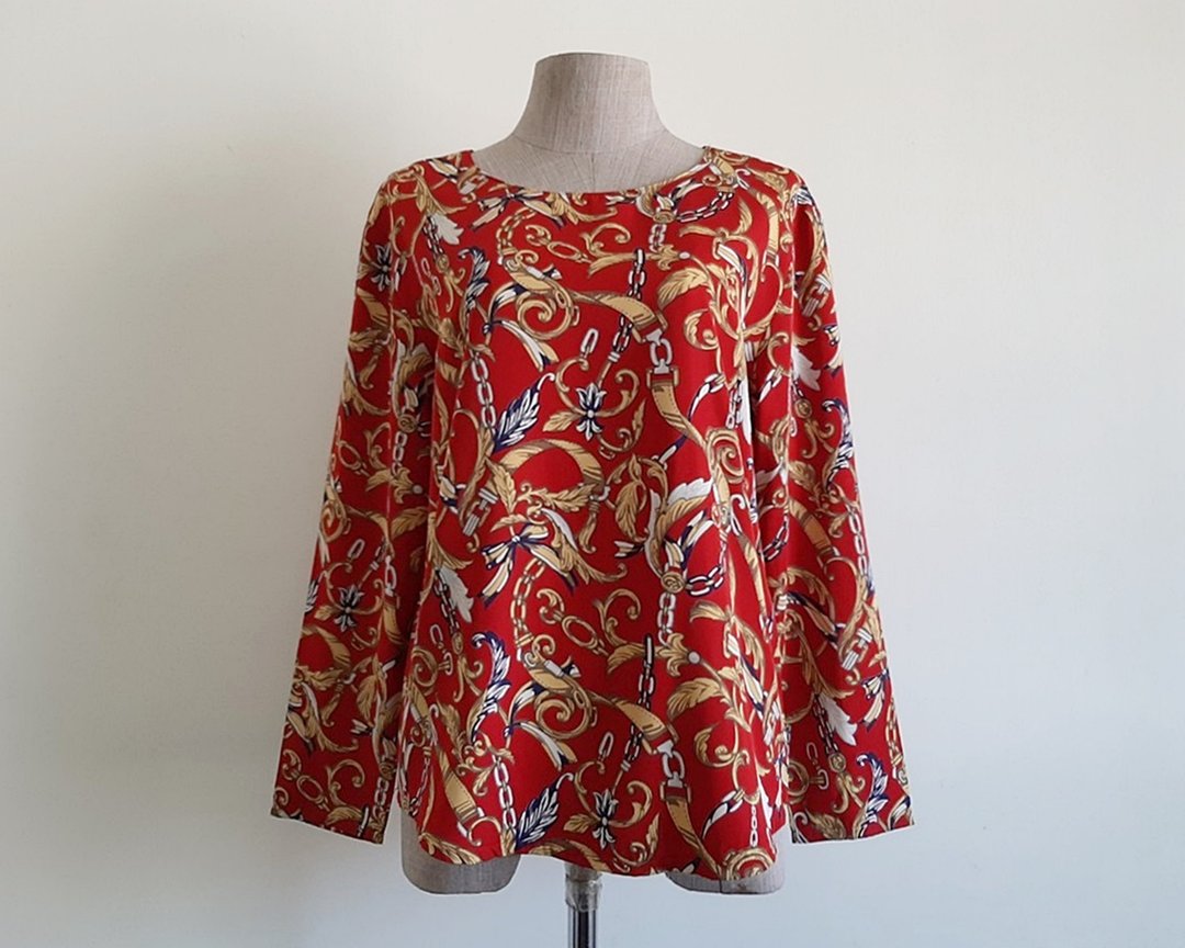 Vintage 80s Red Baroque Print Blouse Yellow Chain Top Long Sleeve Medium M - 女装上衣 - 聚酯纤维 红色