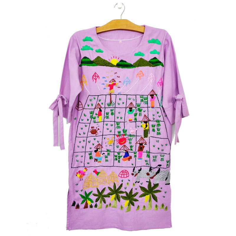 Custom Order | No.STA0229 Straight fit dress, three-quarter sleeves, thick cotton, hand Embroidery thread, rustic pattern. - 洋装/连衣裙 - 绣线 紫色