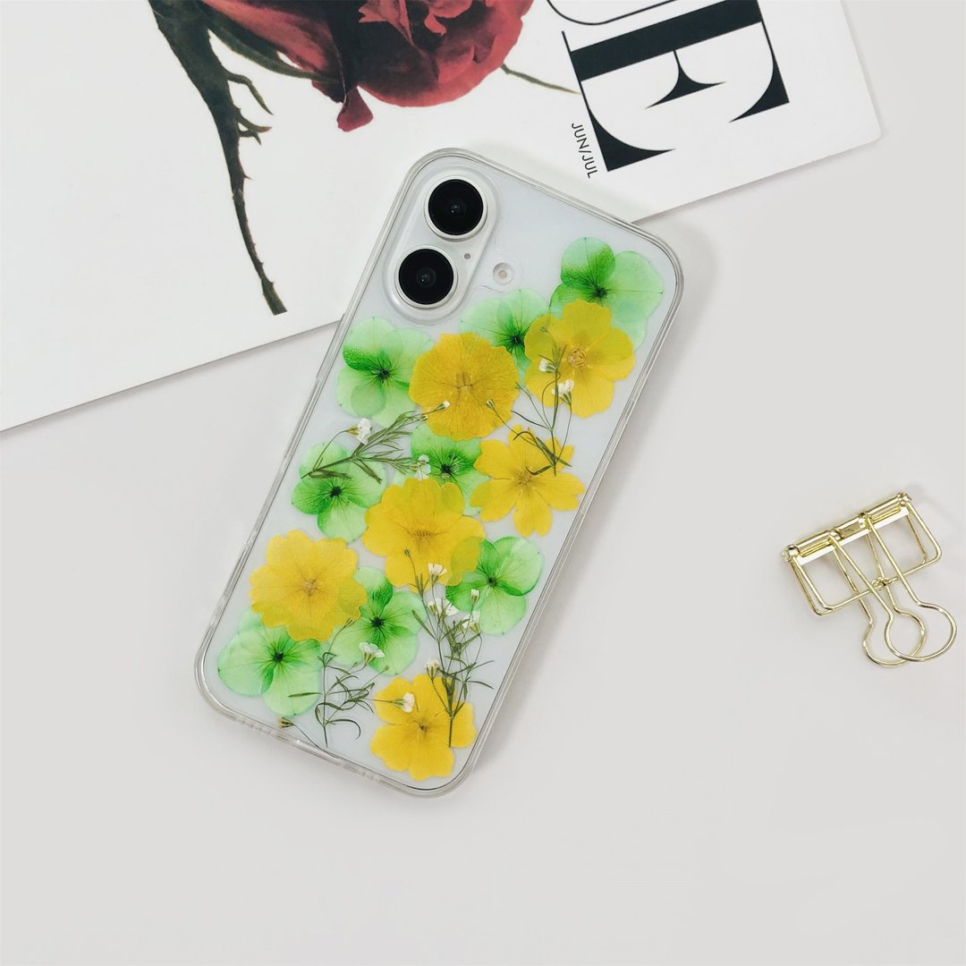 黄绿色干花押花手机壳适用于iPhone 16 Pro Max Samsung S25 A35 - 手机壳/手机套 - 植物．花 