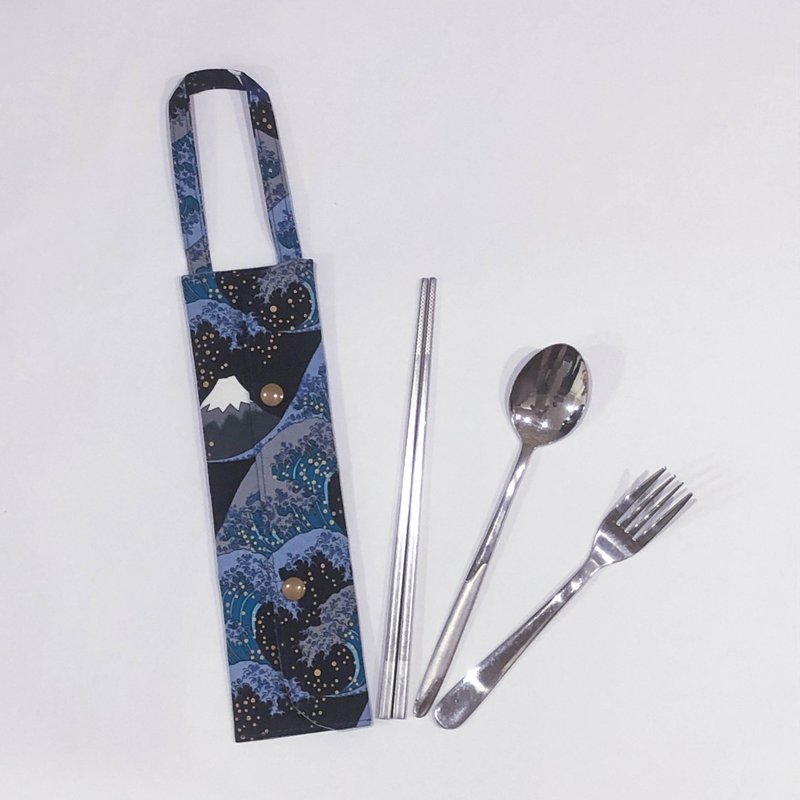 提把环保餐具套-湛蓝浮世绘 - 筷子/筷架 - 棉．麻 蓝色