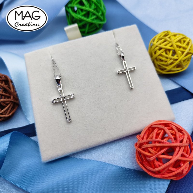 20周年组合-18K白金天然钻石十字架吊坠连项链 - 项链 - 贵金属 