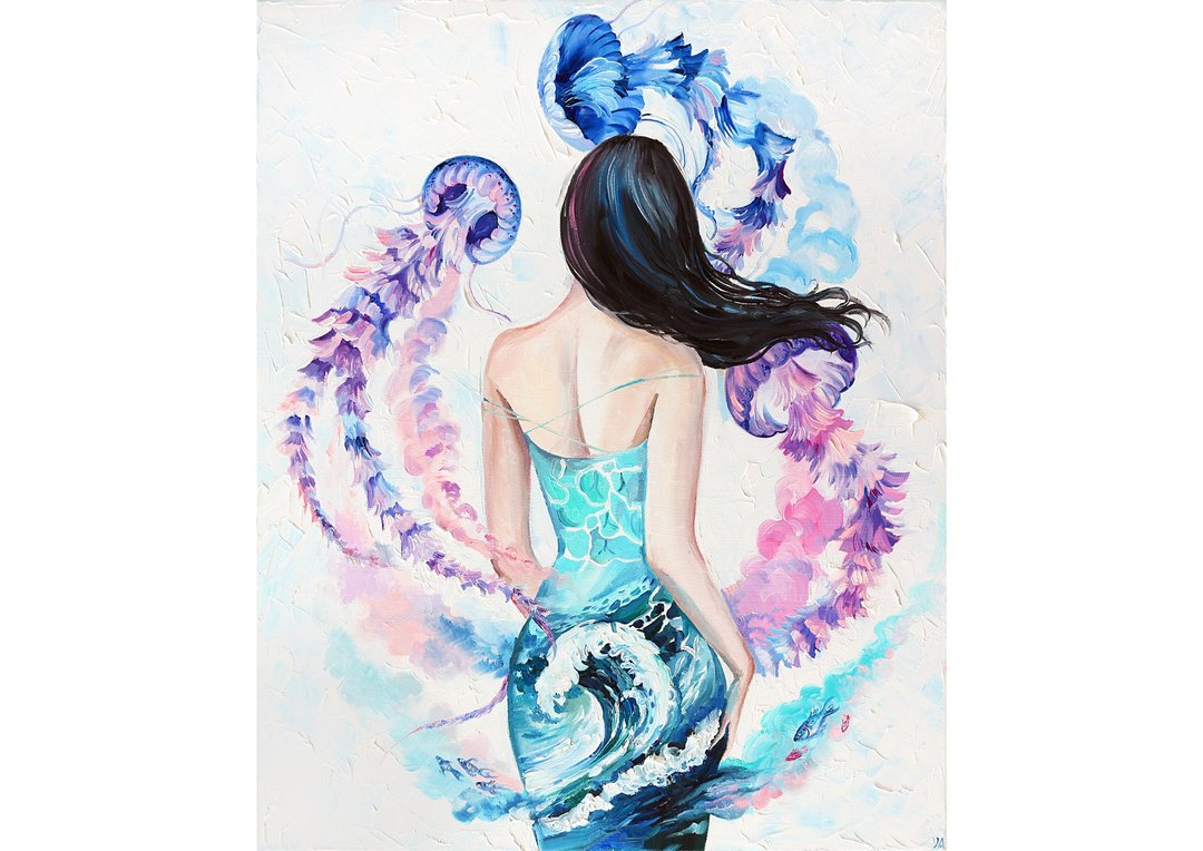 女人油画海原创艺术水母作品在画布上 - 墙贴/壁贴 - 其他材质 白色