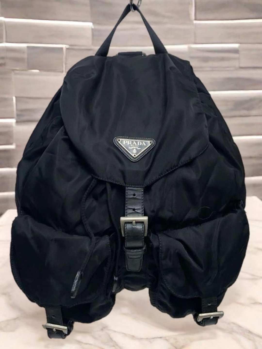 【LA LUNE】中古二手Prada黑色三角侧背孭背单双肩背包囊小手袋 - 后背包/双肩包 - 防水材质 黑色