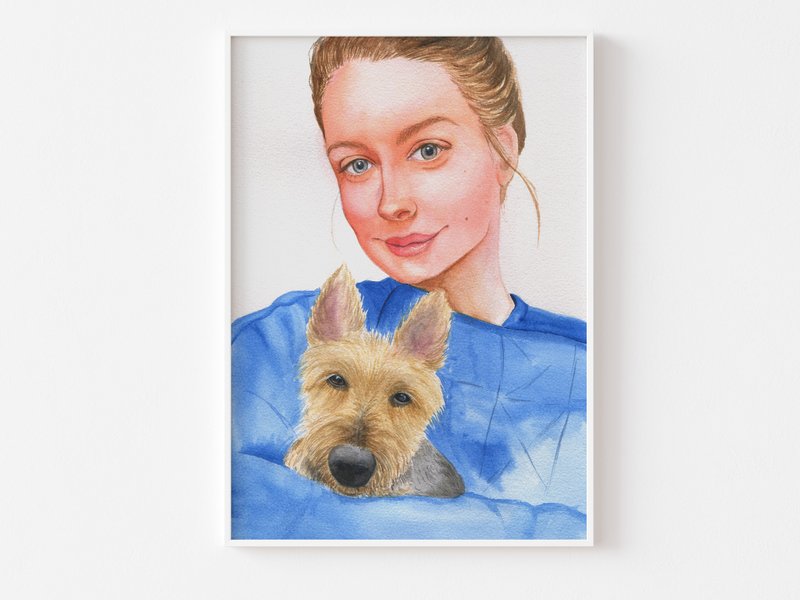 Customized watercolor portrait of pet and owner, custom illustration生日礼物 - 订制画像 - 纸 蓝色