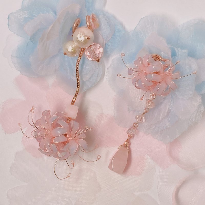 梦幻彼岸花 粉水晶x粉澳宝 不对称疗愈系耳环 耳骨夹 无痛耳夹 - 耳环/耳夹 - 树脂 粉红色