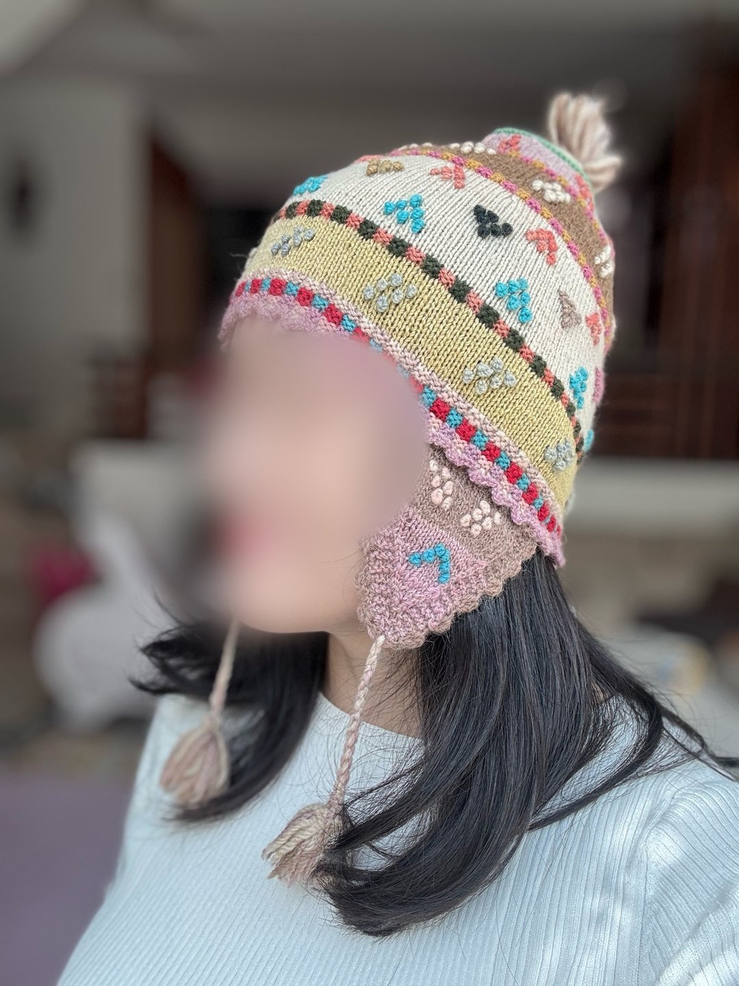童/成人母亲节礼物/南美洲秘鲁 100% 纯羊驼毛手工护耳帽彩色民族菱 - 帽子 - 羊毛 黄色