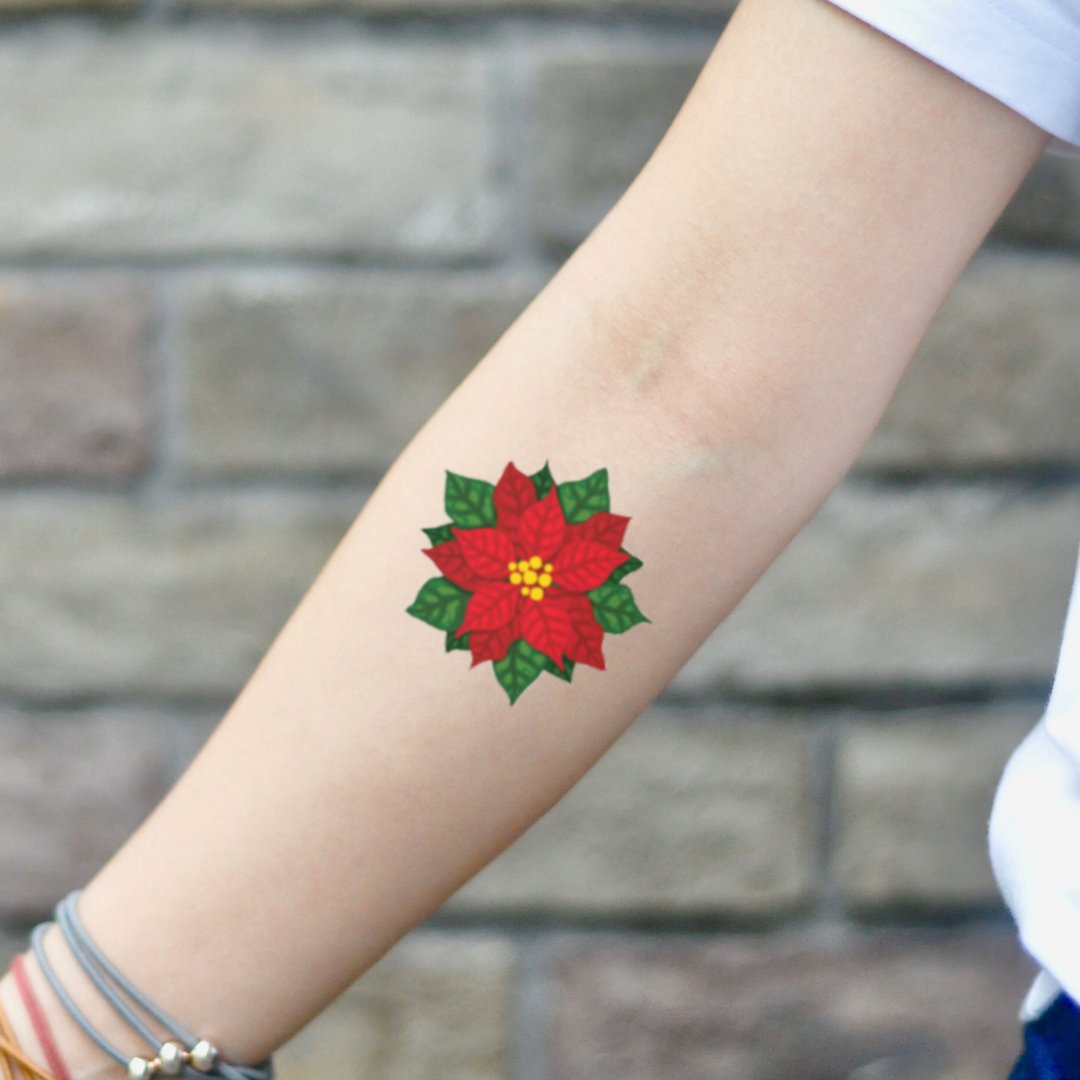 OhMyTat 一品红 Poinsettia 刺青图案纹身贴纸 (2 张) - 纹身贴 - 纸 红色