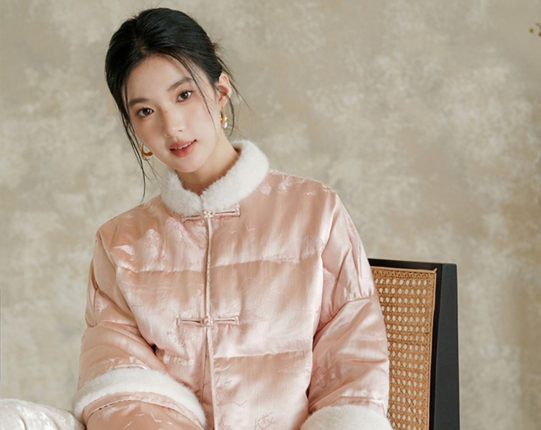 新中式復古中國風 丹青绘山河 提花兔毛领羽绒服 - 女装上衣 - 聚酯纤维 粉红色