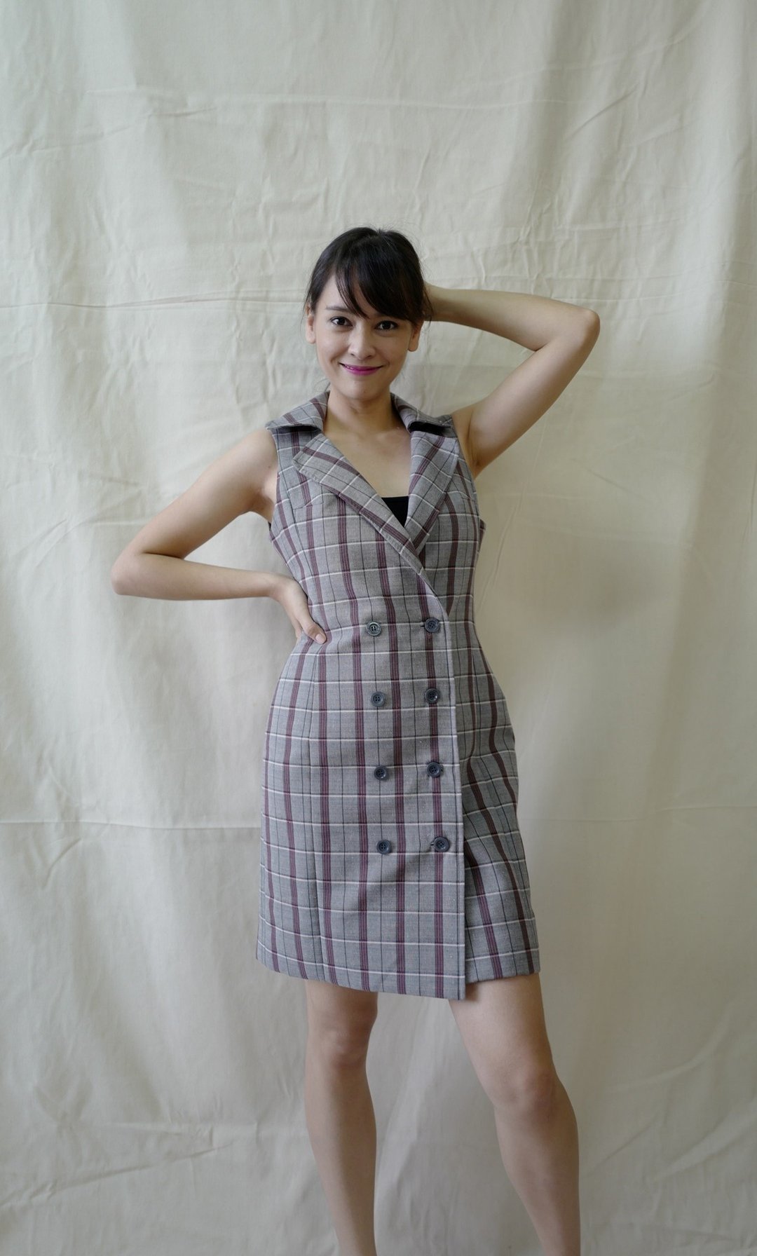 Gray plaid lapel wrap dress - 女装休闲/机能外套 - 棉 灰色