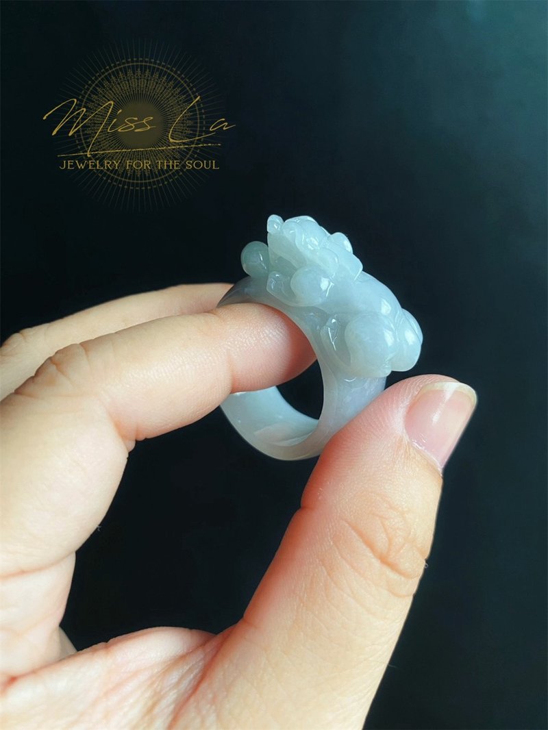 天然缅甸玉 翡翠 招财霸王 貔貅 有钱 翡翠 戒指 玉 戒环 ring - 戒指 - 玉石 绿色