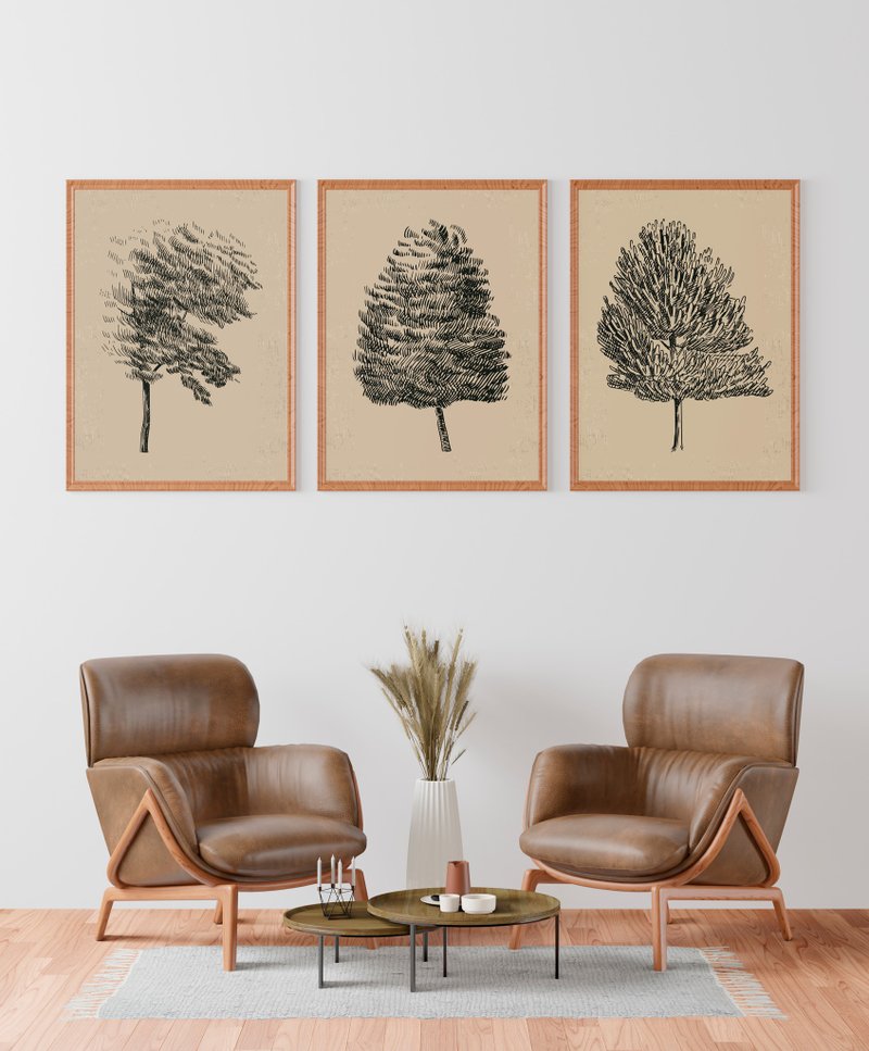 Tree Wall Print Set of 3, Botanical drawing, Tree Sketch, Antique Book Page Art - 电子手绘真人画像/绘画/插画 - 其他材质 黑色