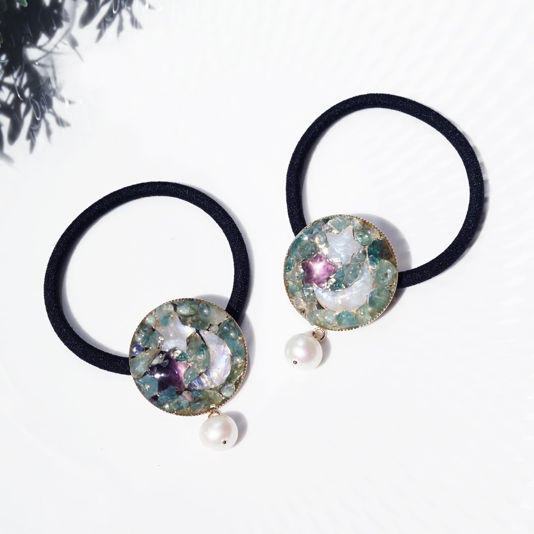 Starry night moonlight hair tie with grandidierite and rainbow moonstone - 发饰 - 宝石 多色