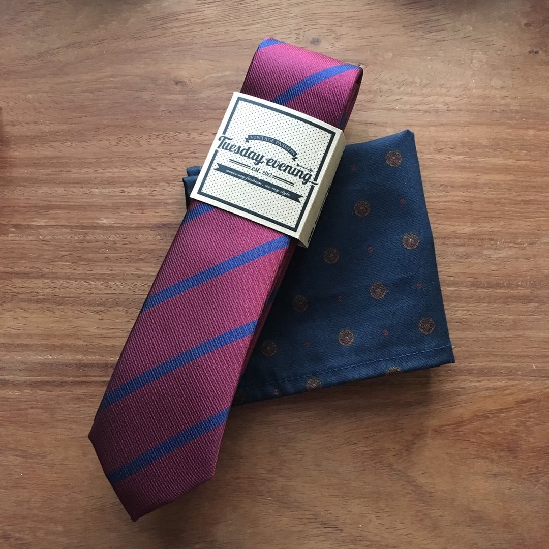 Red Blue Skinny Stripe Tie Set w/ Pocket Square - 领带/领带夹 - 棉 红色