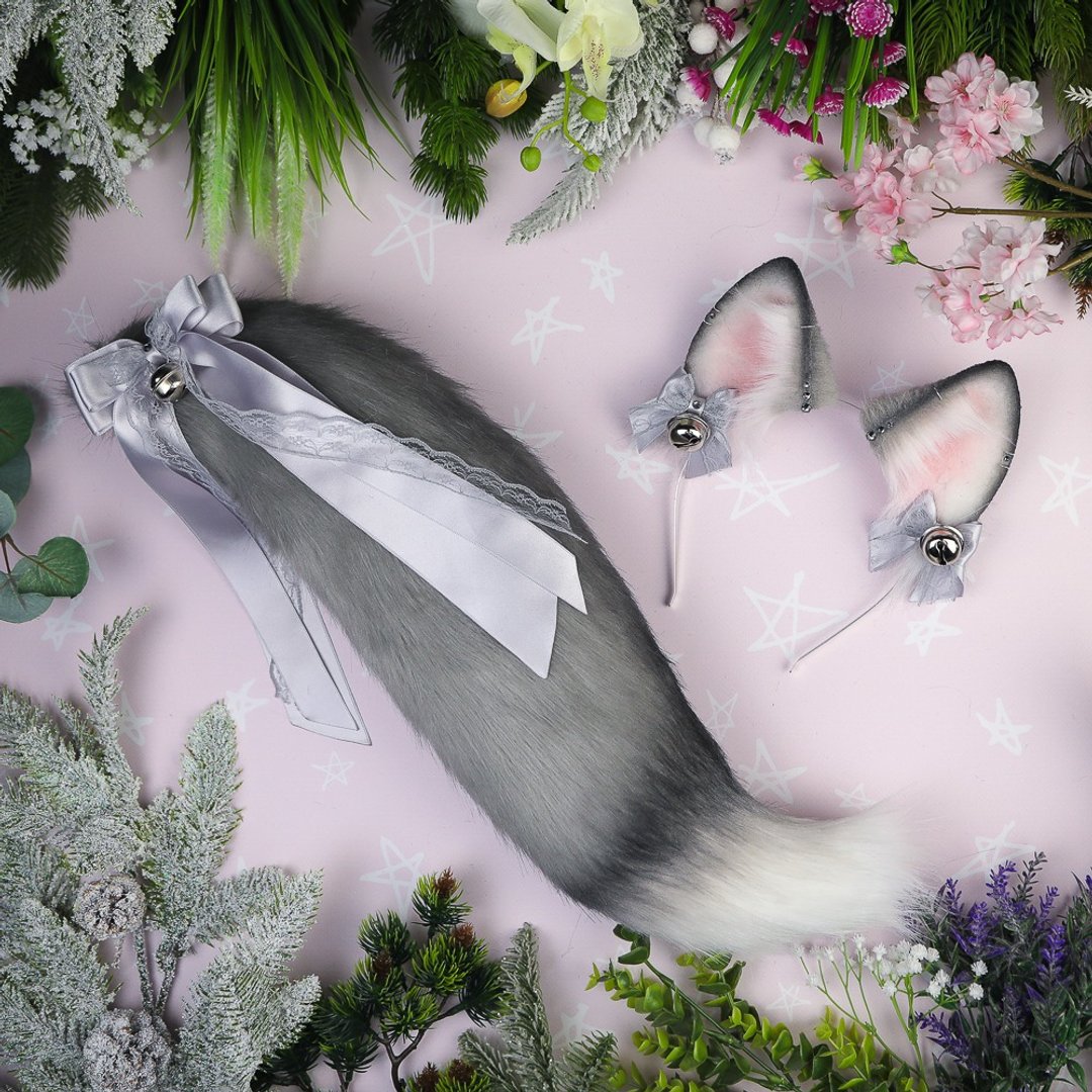 Grey Fox Ears and Tail Set - 发饰 - 其他材质 灰色
