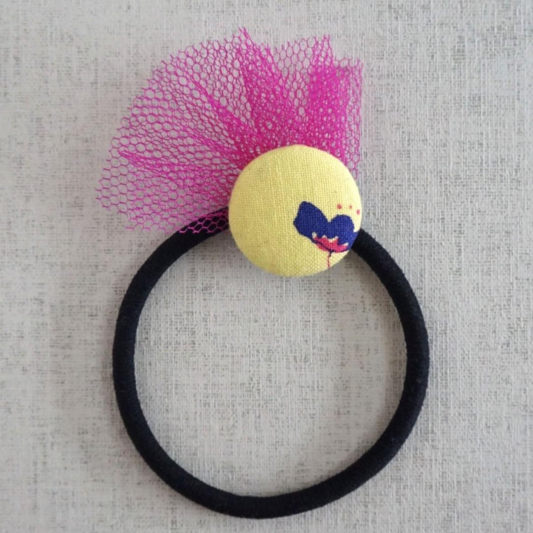 Hand-printed original walnut button Hair elastic "Hana 2" - 发饰 - 棉 黄色