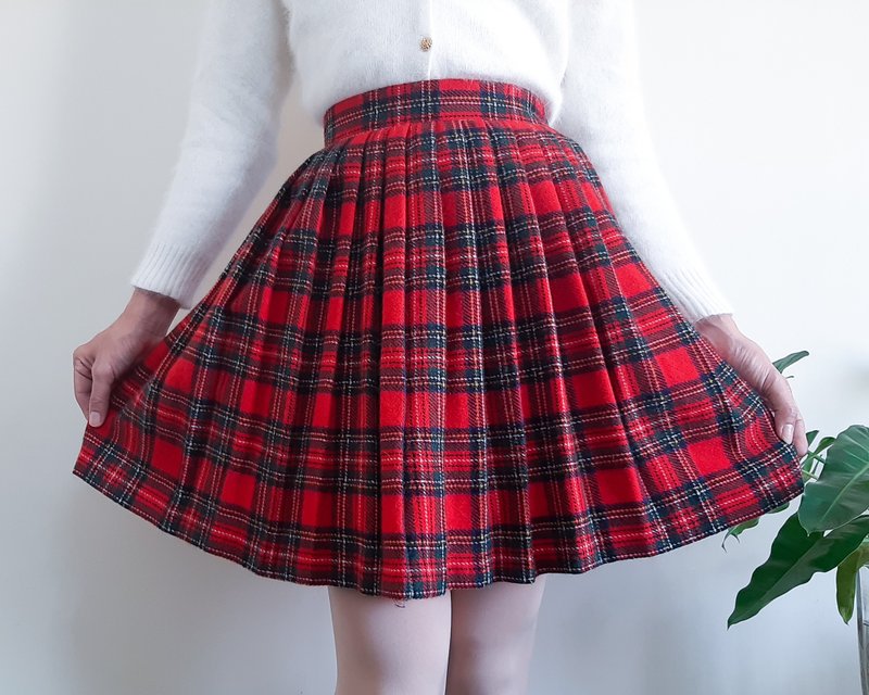 复古 20 世纪 70 年代红绿格子百褶迷你裙 XS 码腰围 25 英寸 - 裙子 - 羊毛 红色