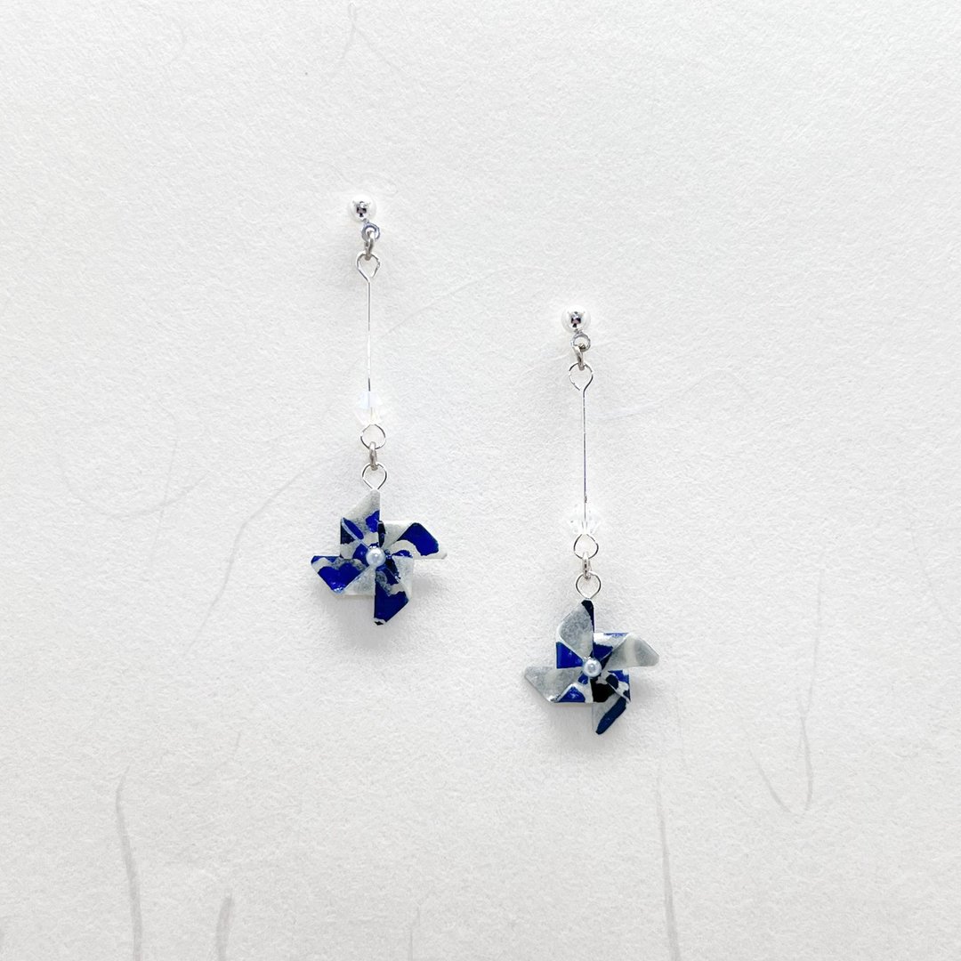 Chearrings | Origami 日本和纸 手工折纸 风车耳环 | 款式 W002 - 耳环/耳夹 - 纸 蓝色