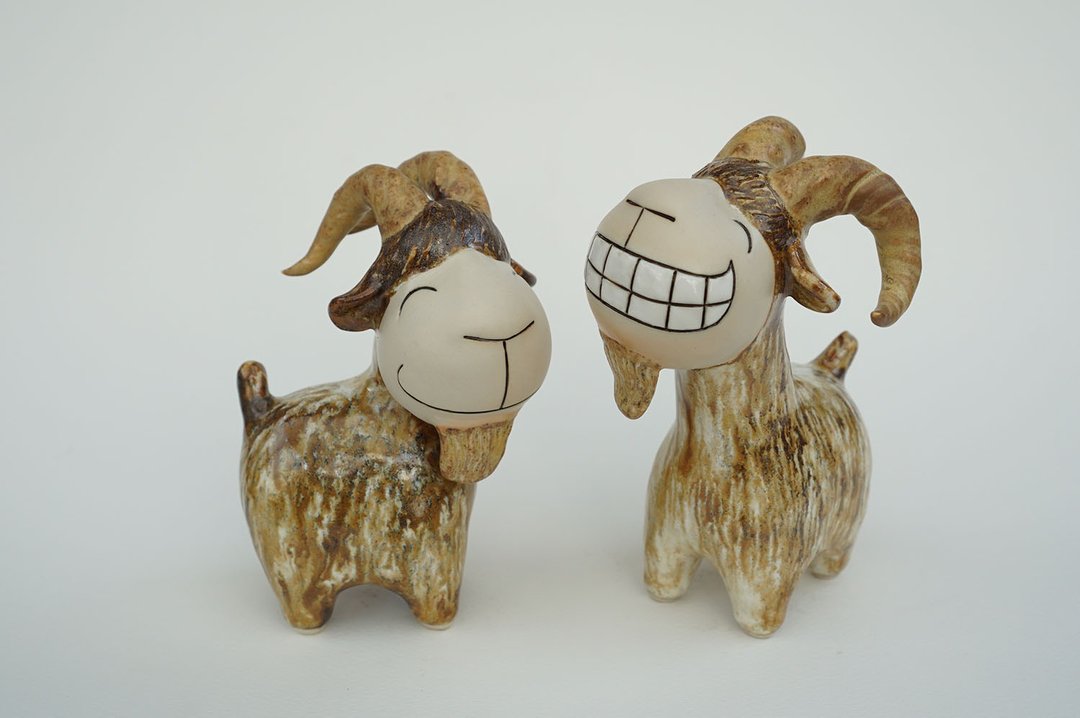 Pair Of Ceramic Goat Figurines, Ceramic , Handmade - 玩偶/公仔 - 陶 咖啡色