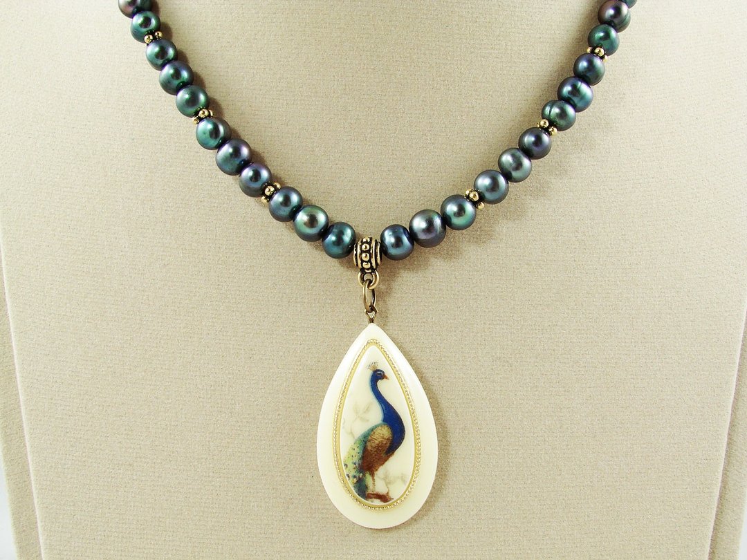 Blue Pearl Jewelry Set Peacock Ivory Teardrop Pendant Necklace and Earrings - 项链 - 珍珠 蓝色