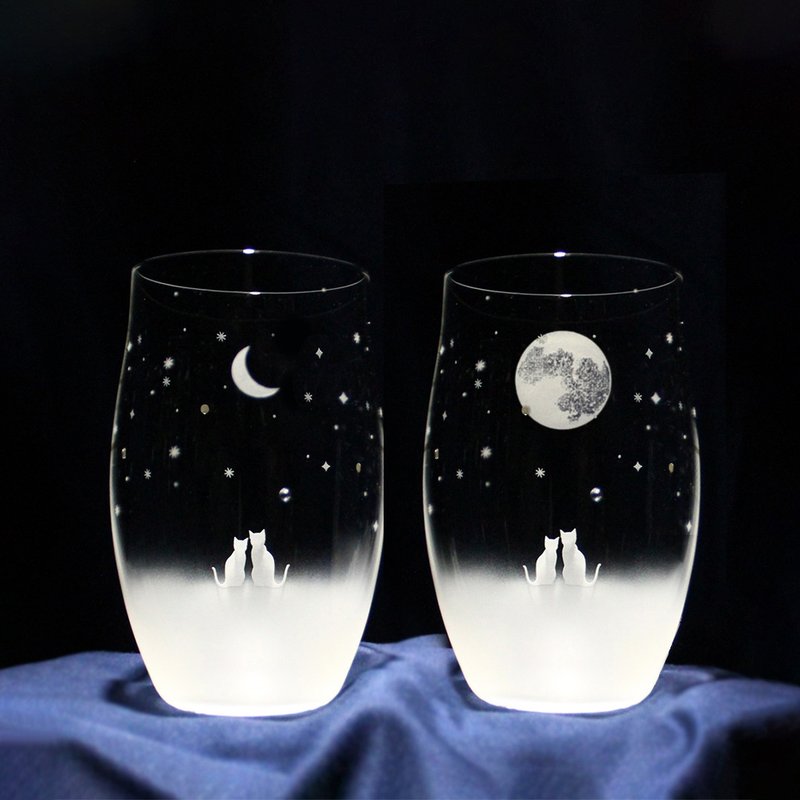 猫咪图案眼镜 - 新月和满月夜空 - 大号一对 - 玻璃杯 - 玻璃 透明