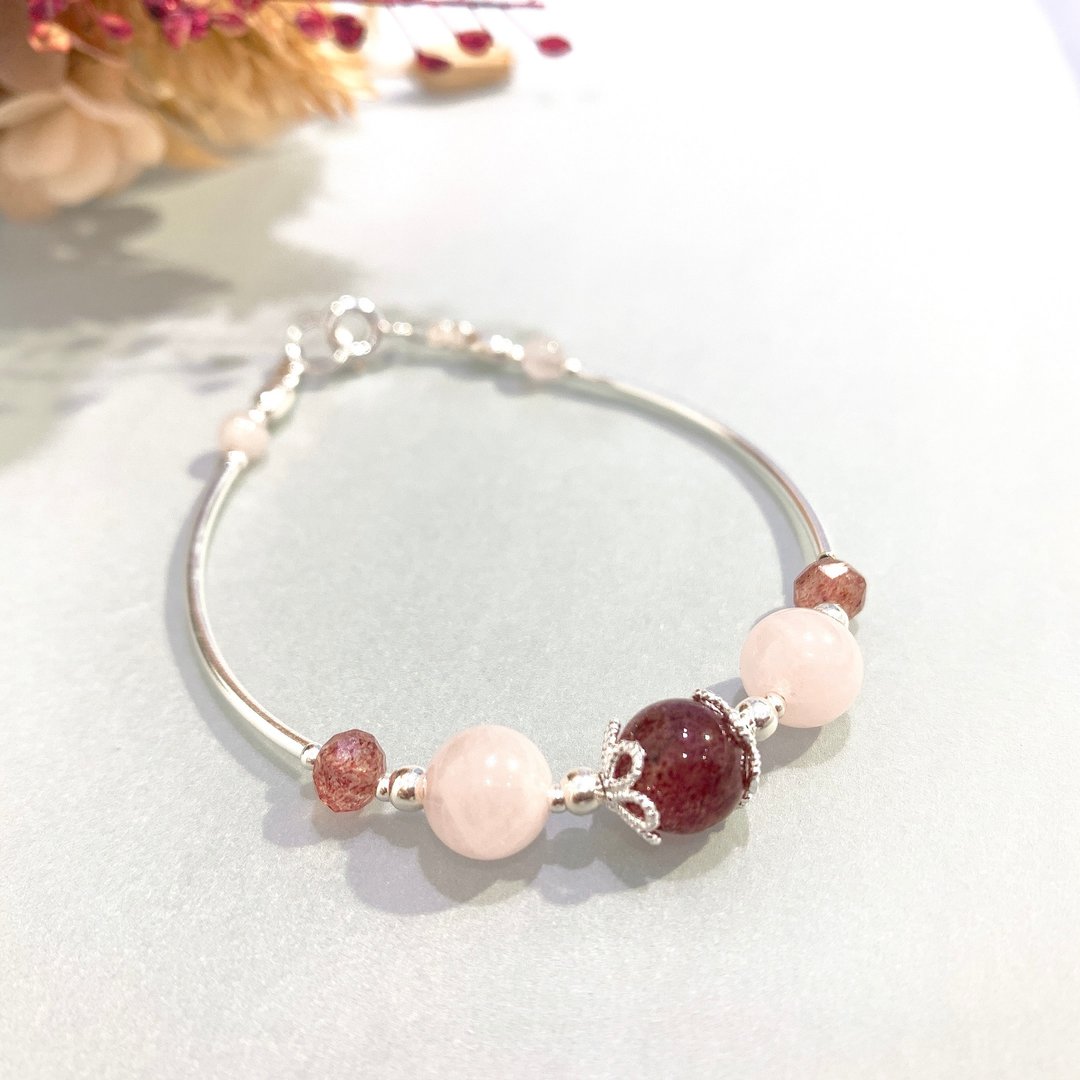 Ops strawberry quartz silver bracelet -粉晶/草莓晶/粉嫩/桃花 - 手链/手环 - 宝石 粉红色