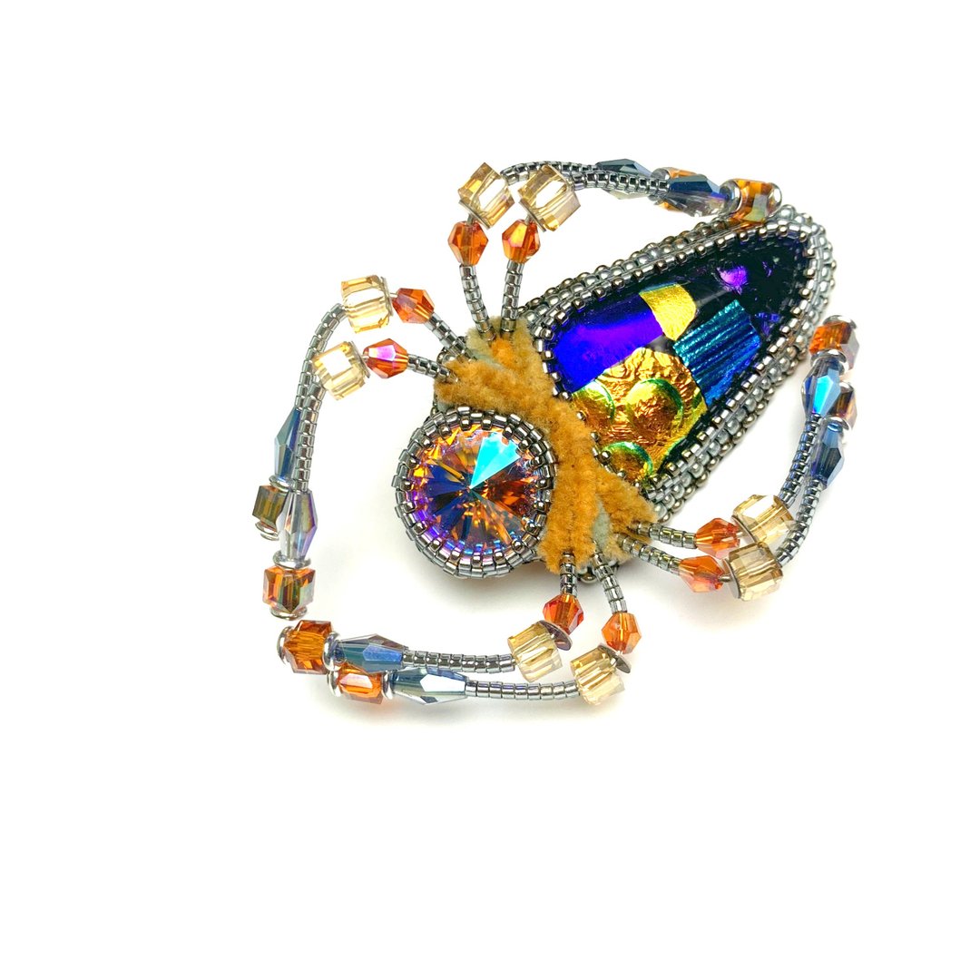 Bead embroidery spider brooch Orange insect brooch - 胸针 - 玻璃 橘色