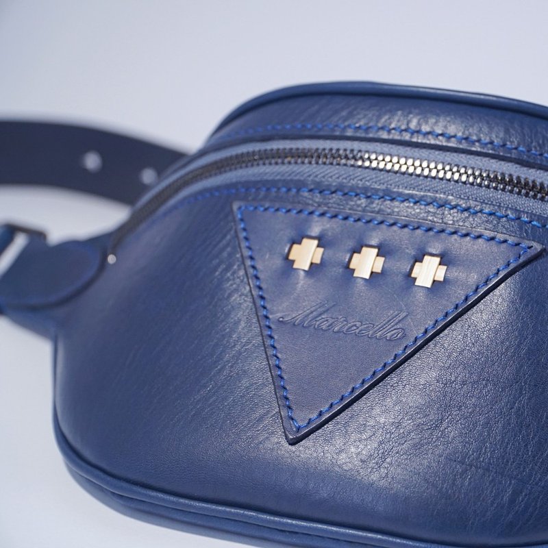 竹编皮革腰包 胸包 海军蓝 单肩包 侧背包 机车包 - 侧背包/斜挎包 - 真皮 