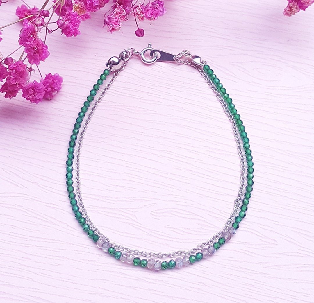 <5月诞生石-祖母绿 Emerald>祖母绿 拉长石 925纯银双层手链 - 手链/手环 - 纯银 绿色