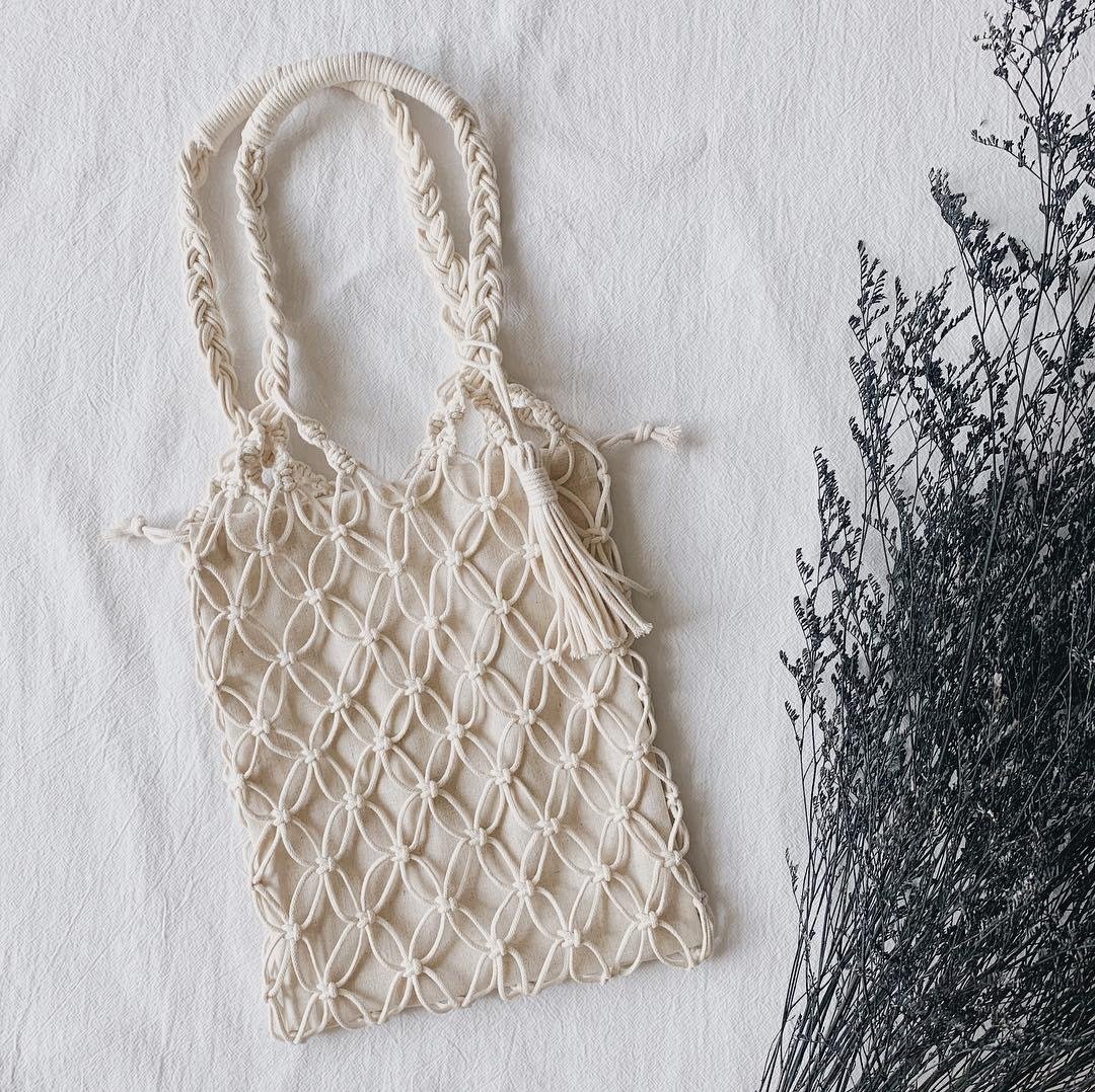 棉绳手工编织提袋 托特包 | Macrame tote bag - 手提包/手提袋 - 棉 白色