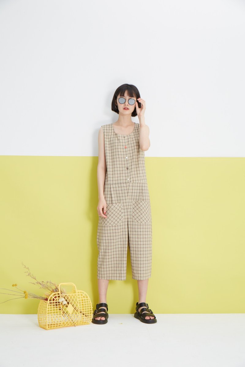 格子连身宽裤/サロペットパンツ - 背带裤/连体裤 - 棉．麻 卡其色