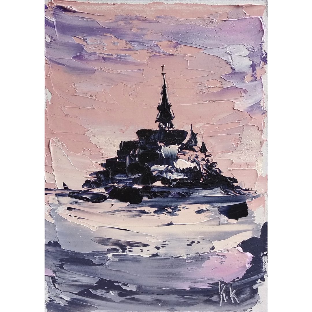 Castle Painting Europe Original Art France Oil Small Painting Mont Saint Mishel - 海报/装饰画/版画 - 其他金属 紫色