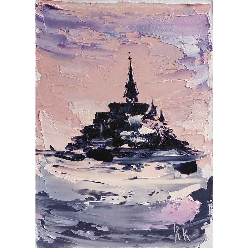 Castle Painting Europe Original Art France Oil Small Painting Mont Saint Mishel - 海报/装饰画/版画 - 其他金属 紫色