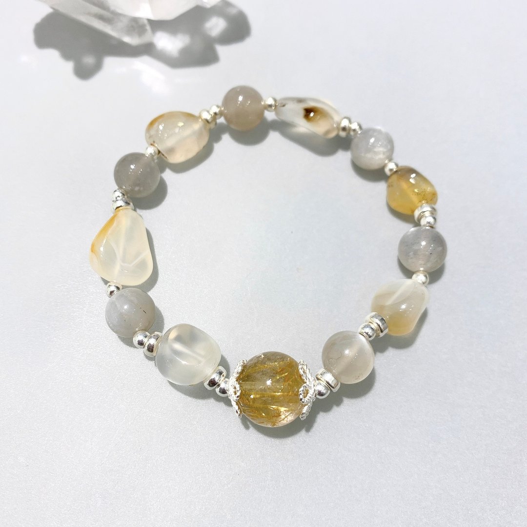 Ops Agate Silver Handmade Bracelet-玛瑙/纯银/金发晶/灰月光石 - 手链/手环 - 宝石 金色