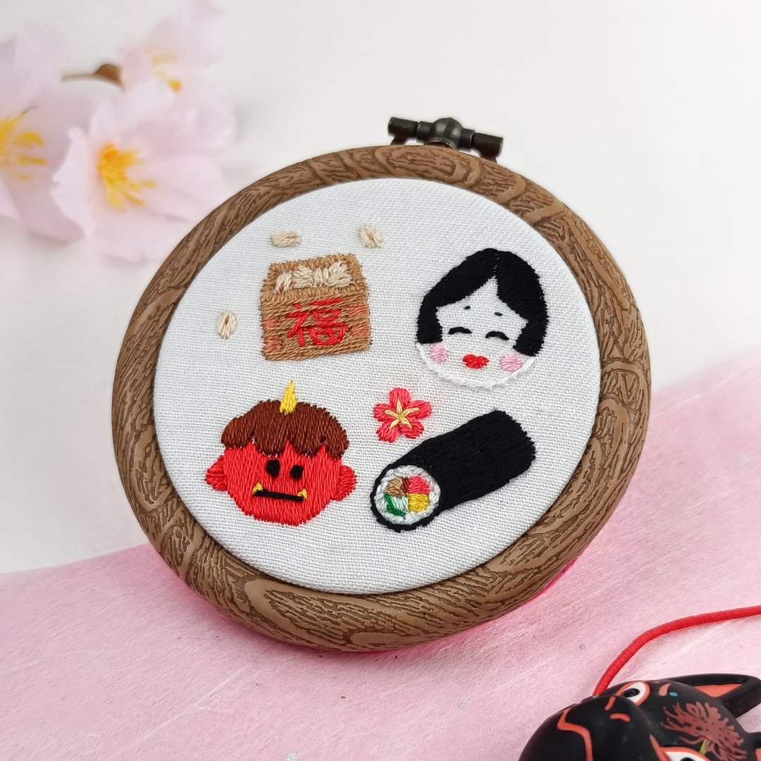 红鬼与おかめ的节分刺绣画框 - 摆饰 - 棉 红色