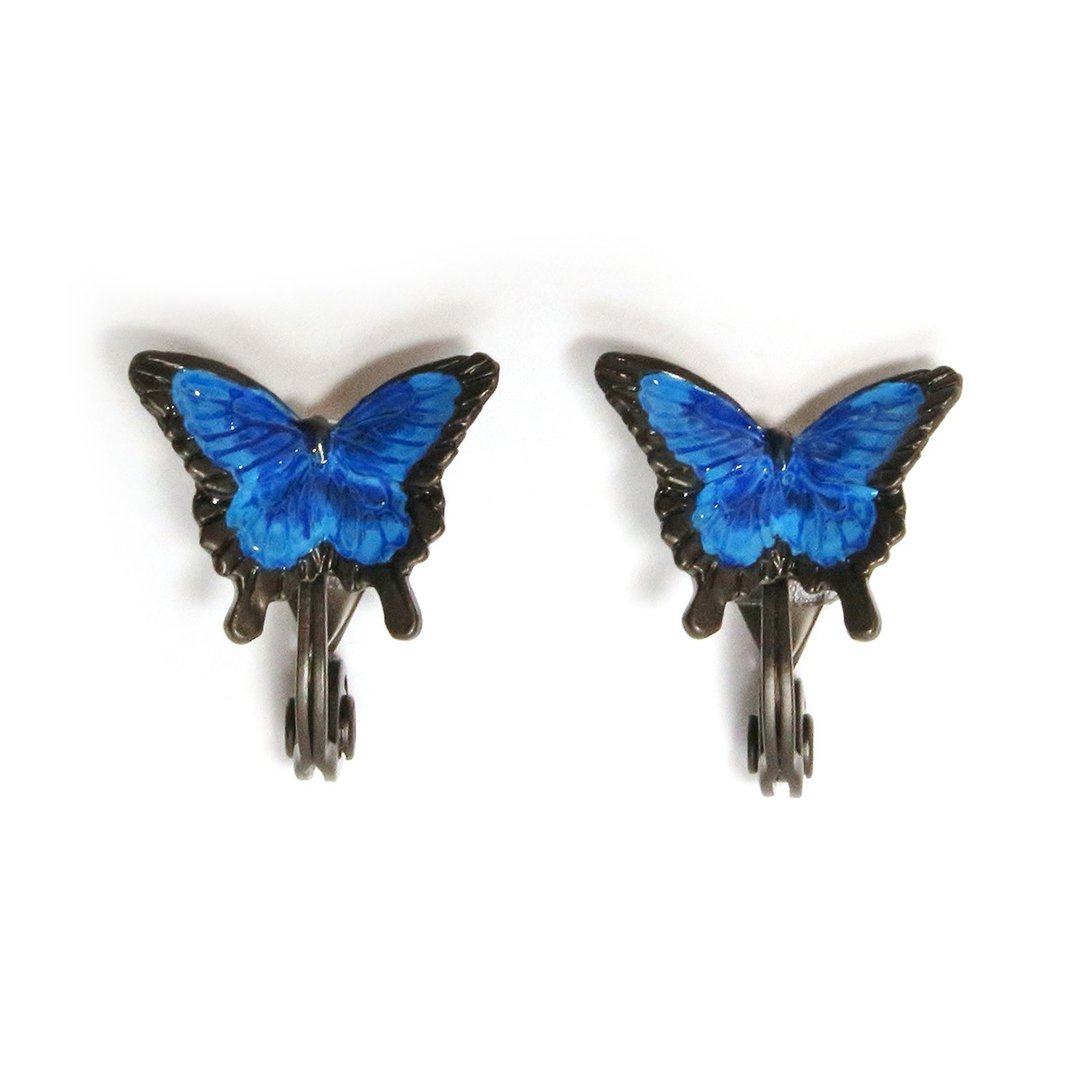 Swallowtail Earring Papilio Ulysses Clip-On EA088 - 耳环/耳夹 - 其他金属 蓝色