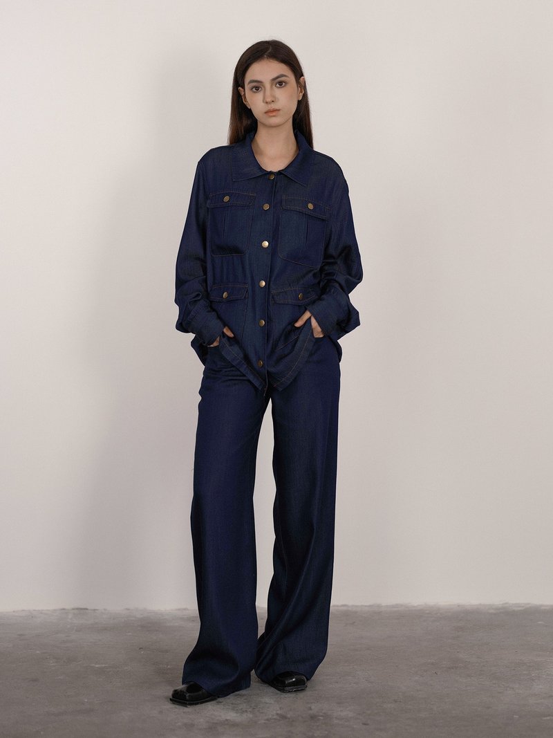 法式复古 / 薄牛仔衬衫套装 / 莱赛尔桑蚕丝混纺 - 女装衬衫 - 其他材质 蓝色