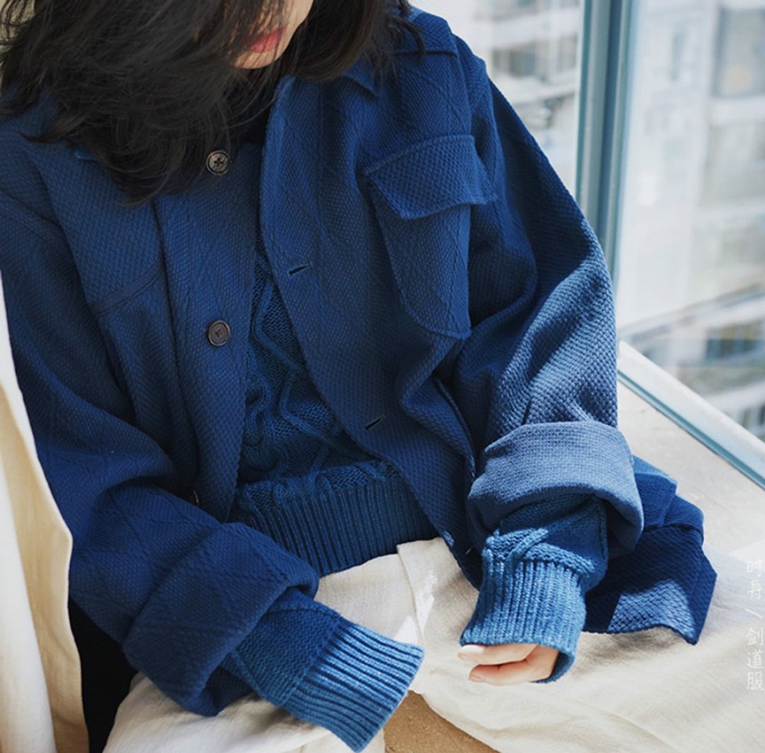 靛藍色  兩色多口袋工裝燈芯絨外套 秋冬寬鬆翻領夾克 劍道服質料 - 女装休闲/机能外套 - 棉 蓝色